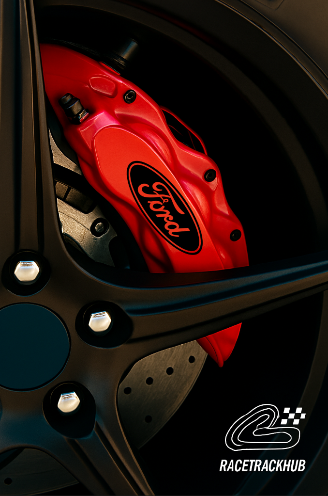 Red Ford brake caliper on a car wheel with 'Racetrackhub' logo.