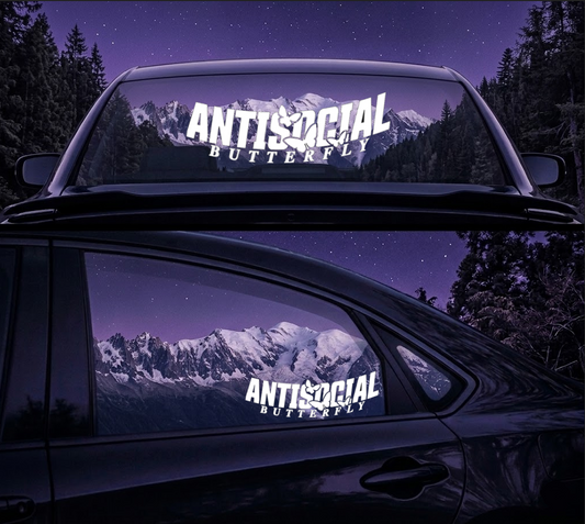Car with Antisocial Butterfly decal on the windshield and window at night.