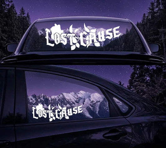 Lost Cause purple JDM window banner vinyl decal sticker on a modified drift car rear window